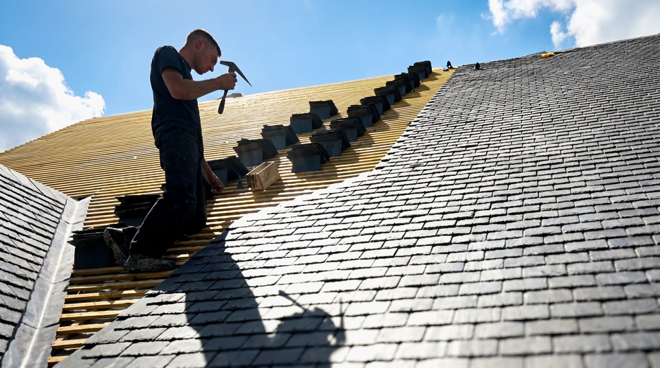 Ouvrier en combinaison de protection intégrale blanche travaillant sur toiture en ardoises, utilisant une échelle aluminium pour accéder aux tuiles défaillantes