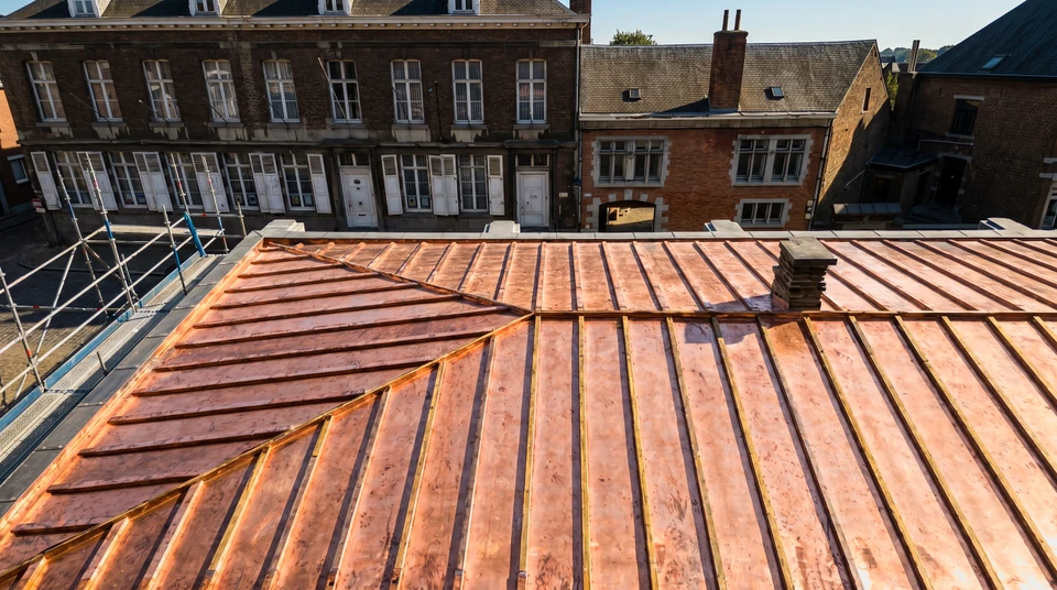 Toiture ancienne en tuiles d'argile rouge fortement endommagée avec nombreuses tuiles manquantes et déplacées